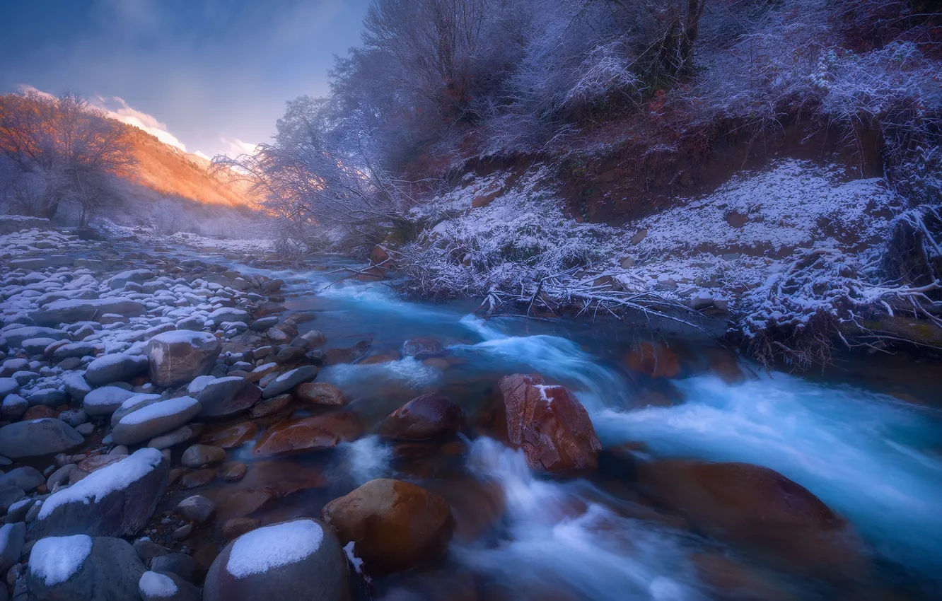 Photo wallpaper winter, snow, landscape, mountains, nature, river, stones, verbal
