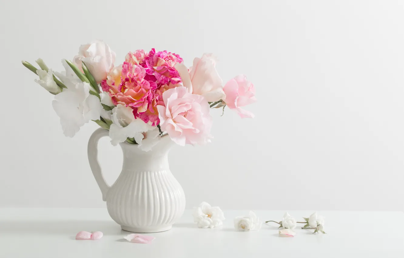 Photo wallpaper flowers, table, bouquet, vase, pink, white