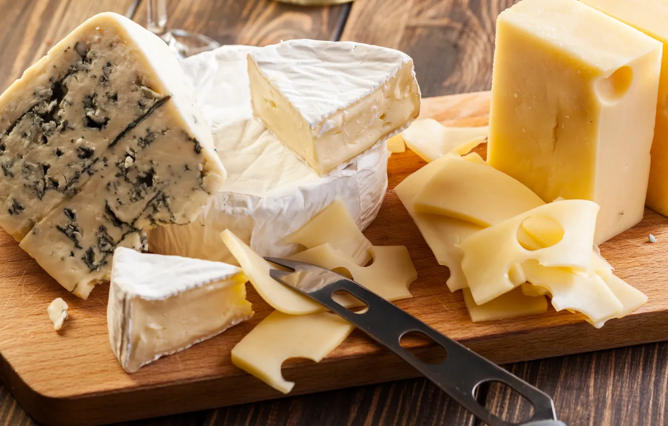 Photo wallpaper table, Board, cheese, knife, Proviant, greens
