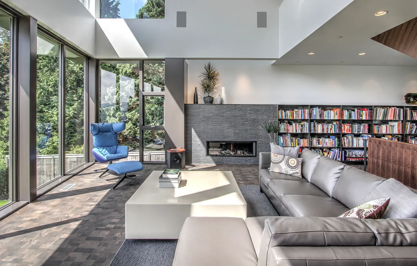 Photo wallpaper Villa, interior, fireplace, library, living room, by Floisand Studio, Teh House