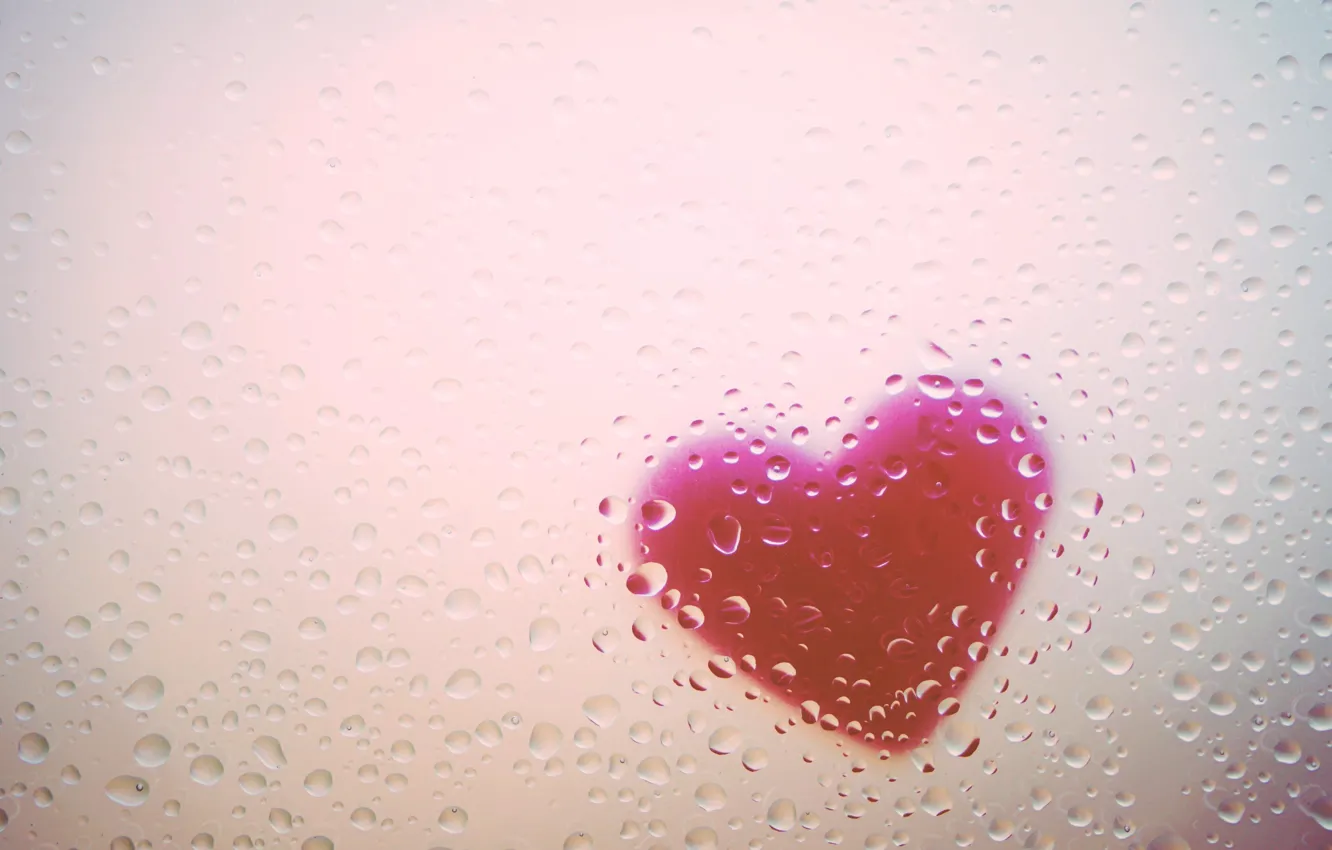 Photo wallpaper glass, drops, light, heart, blur, texture, light background, blurred