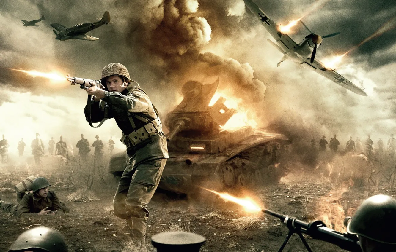 Photo wallpaper cinema, explosion, fire, flame, gun, soldier, sky, weapon