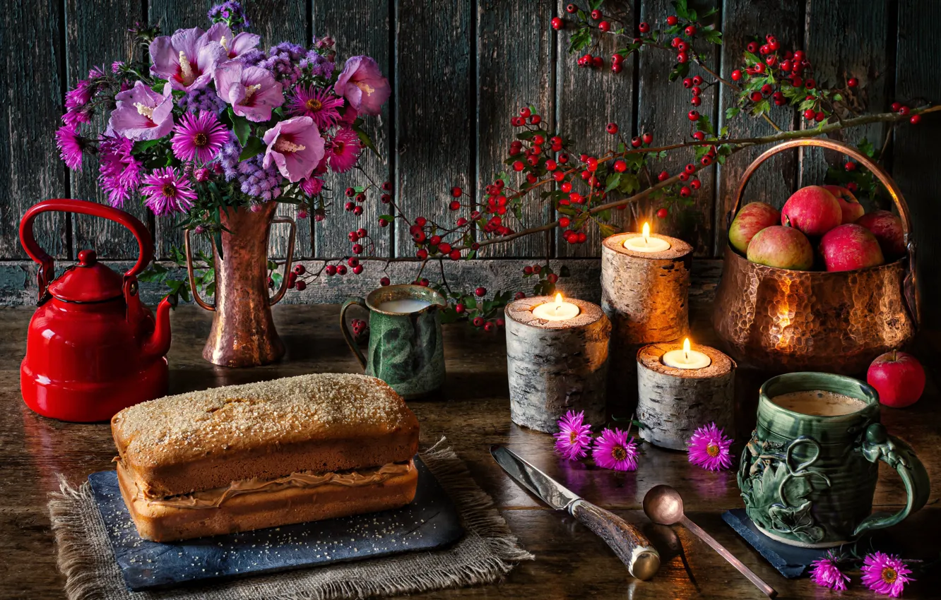 Photo wallpaper flowers, style, apples, bouquet, candles, kettle, pie, mug