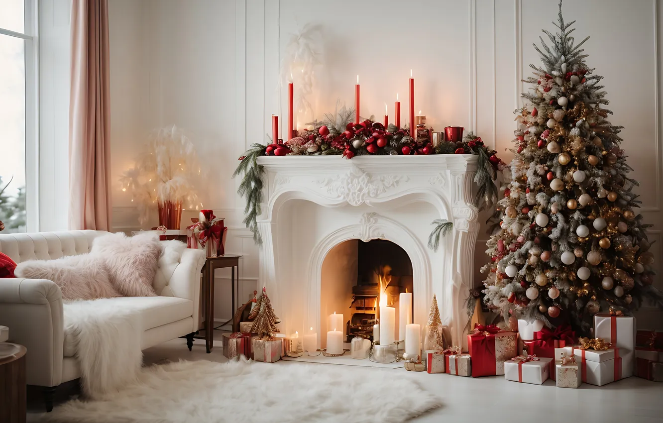 Photo wallpaper decoration, room, gift, tree, new year, interior, Christmas, fireplace