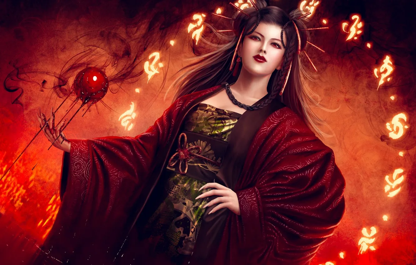 Photo wallpaper girl, pose, fire, magic, art, mario wibisono, legend of the five rings, Iuchi shahai
