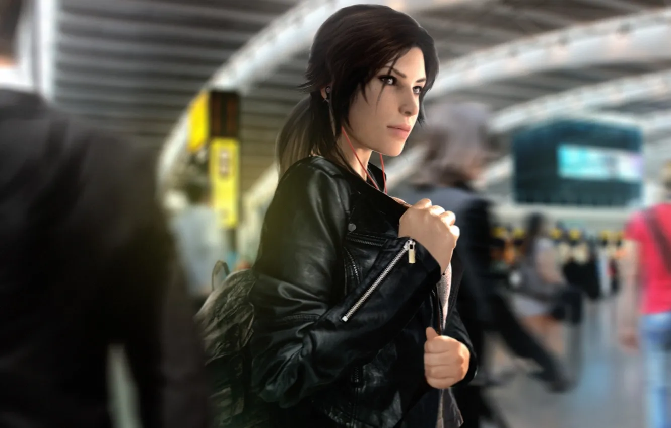 Photo wallpaper look, girl, headphones, beauty, Tomb Raider, Lara Croft