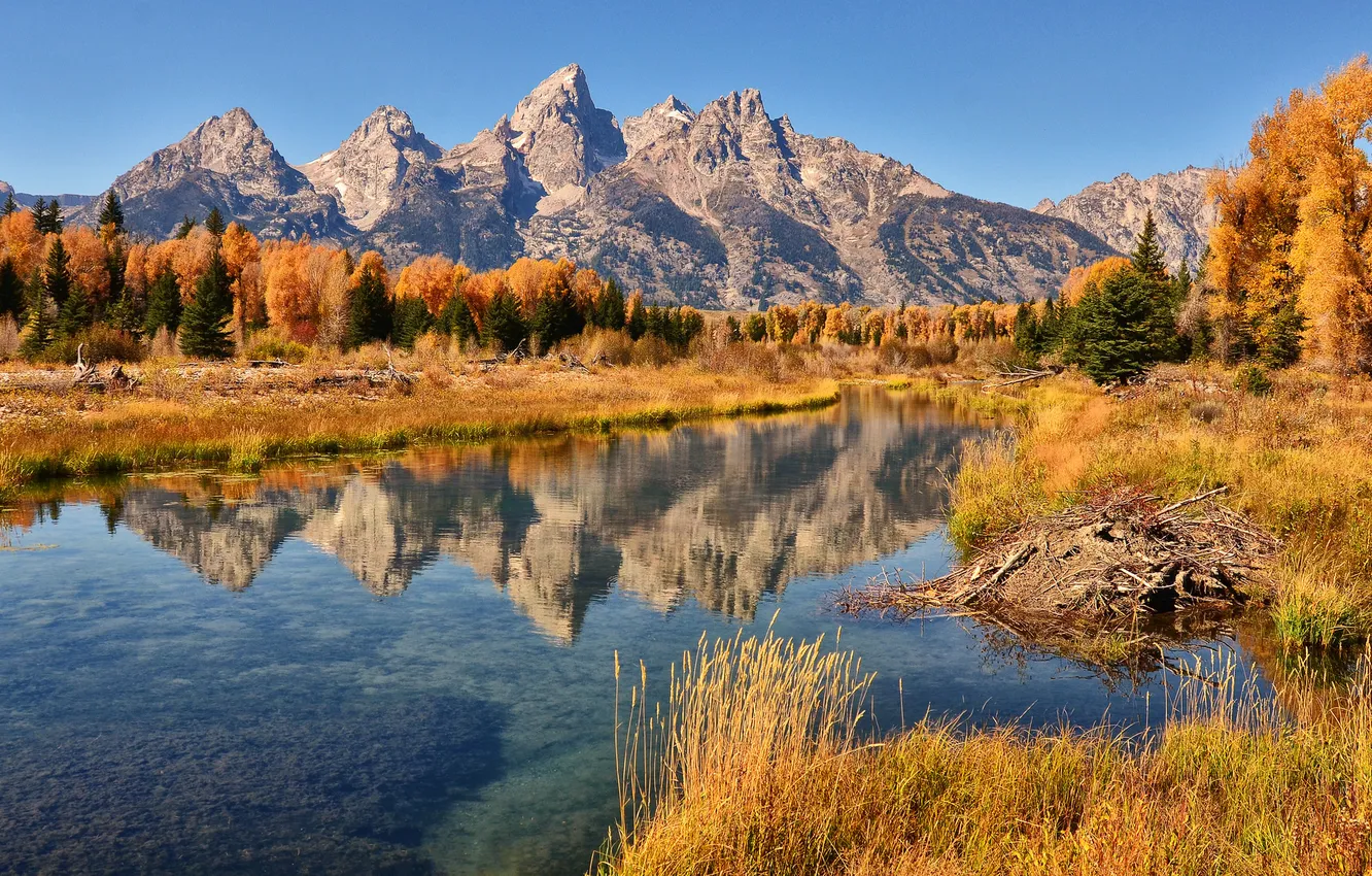 Photo wallpaper autumn, the sky, mountains, lake, reflection