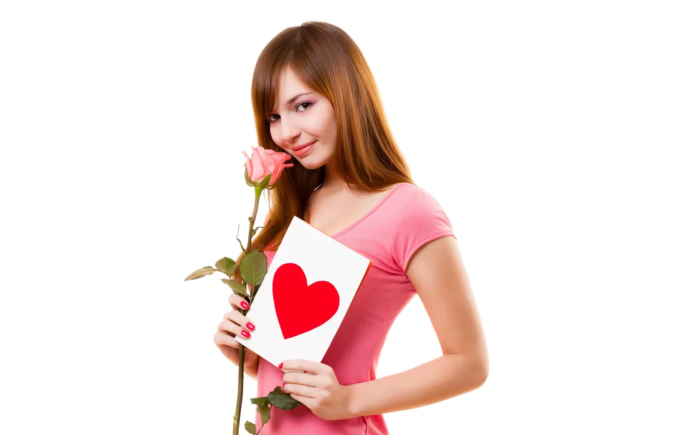 Photo wallpaper look, girl, smile, sweetheart, rose, white background, Valentine's day, postcard