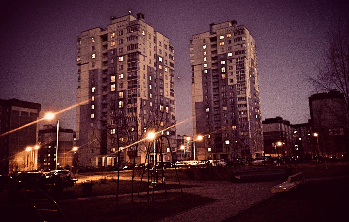 Photo wallpaper Night, The city, Street, Lights, Building, Skyscrapers, Minsk