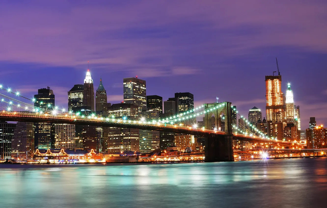 Photo wallpaper water, lights, city, the ocean, Bay, America, new York, USA