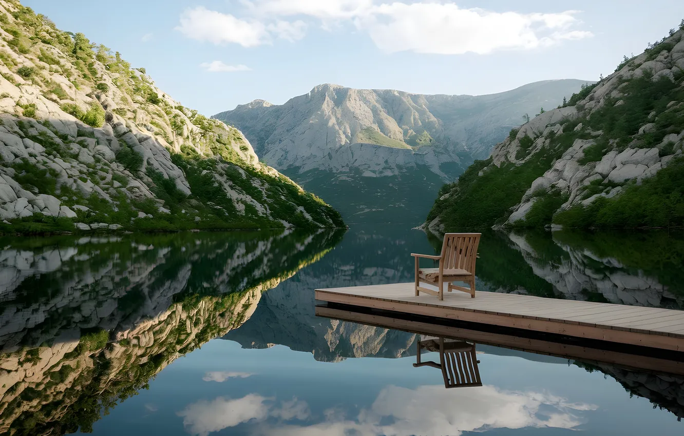 Photo wallpaper neural network, pond, mountains, AI art, pierce, chair