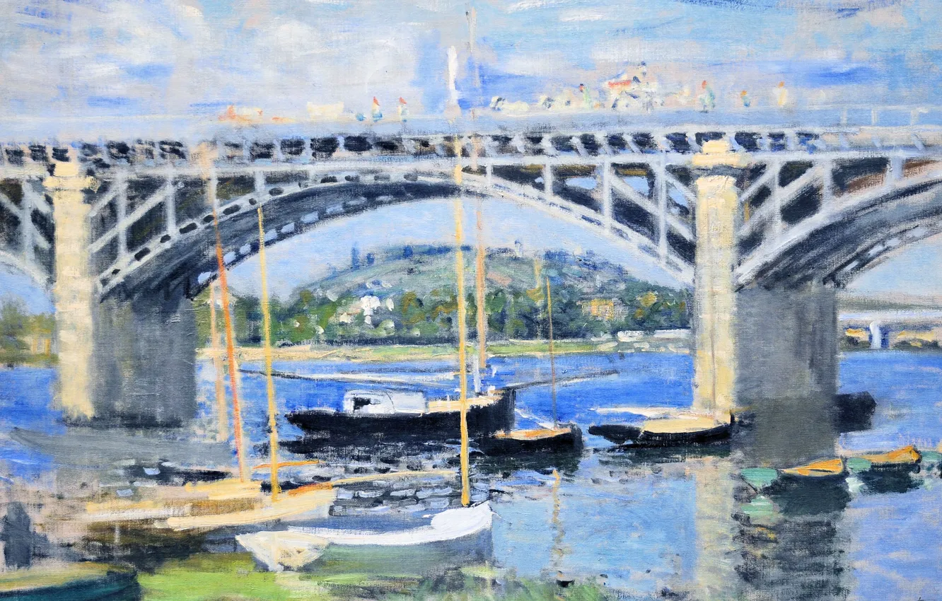 Photo wallpaper landscape, river, picture, boats, Claude Monet, The bridge over the Seine