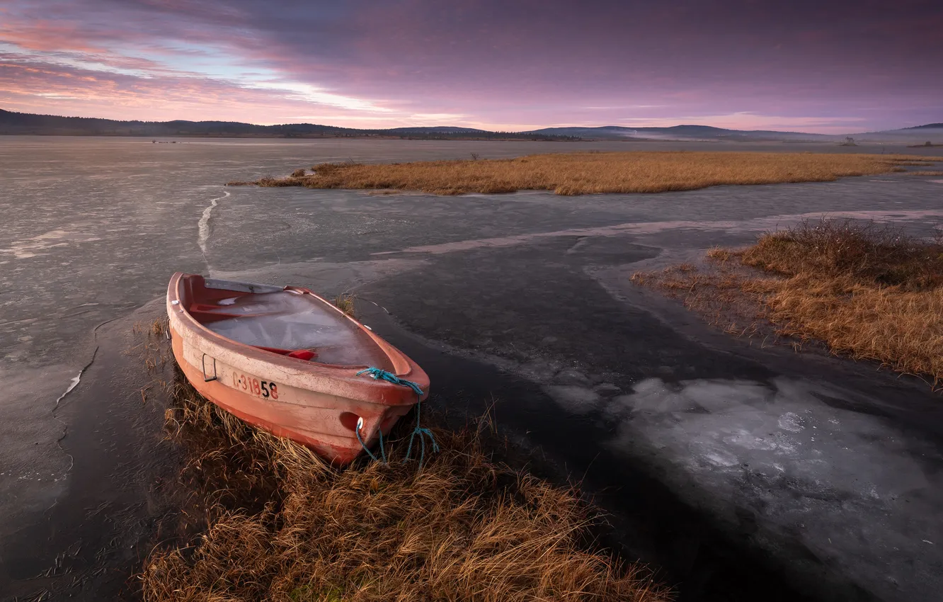 Photo wallpaper the sky, grass, shore, boat, dal, pond