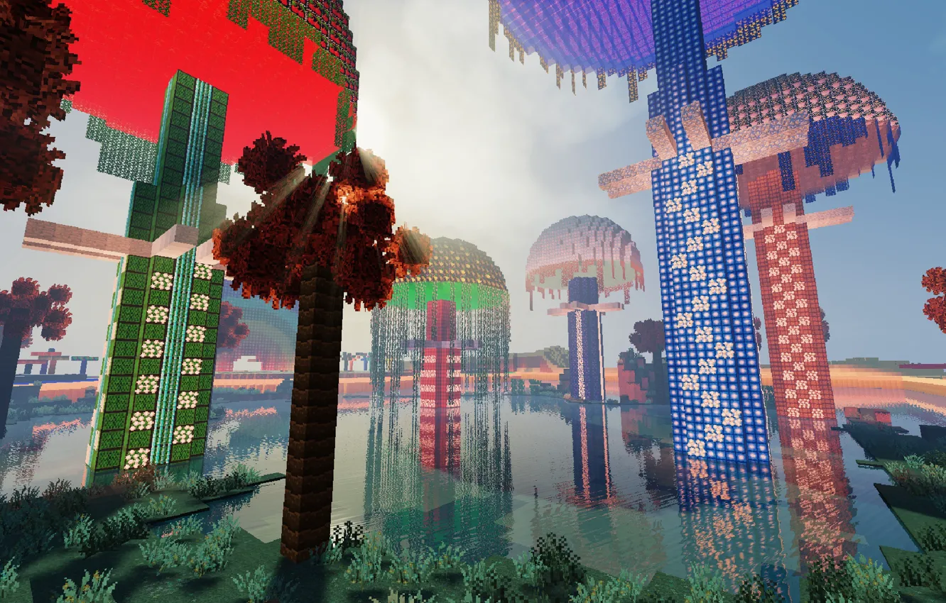 Photo wallpaper tower, grass, the sky, water, lake, Park, palm trees, minecraft