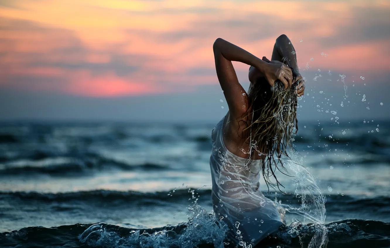Photo wallpaper girl, sunset, squirt, Sea