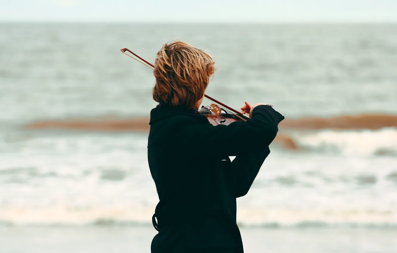 Photo wallpaper sea, beach, music, violin, musician, coat, violin bow