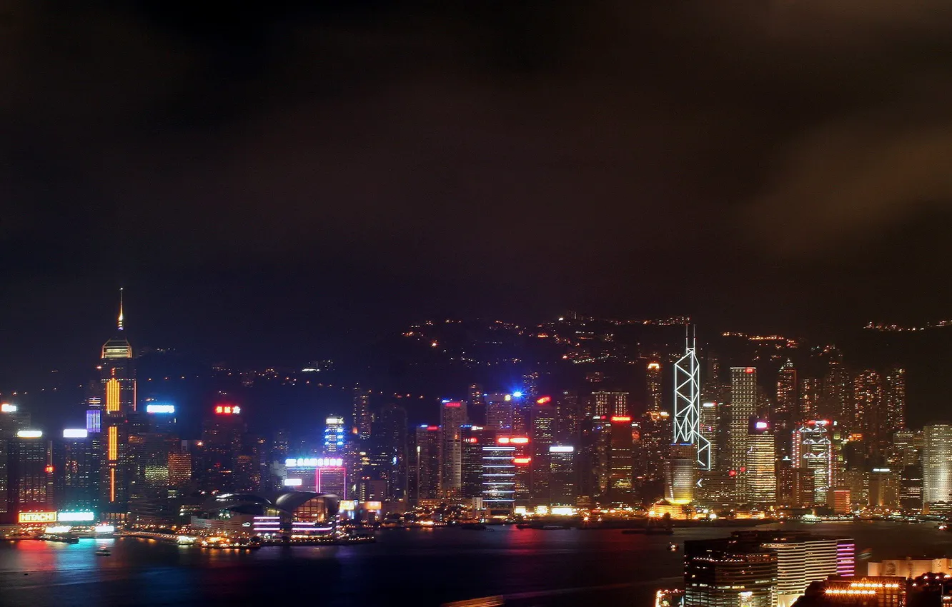 Photo wallpaper night, Hong Kong, skyscrapers, Lights, neon