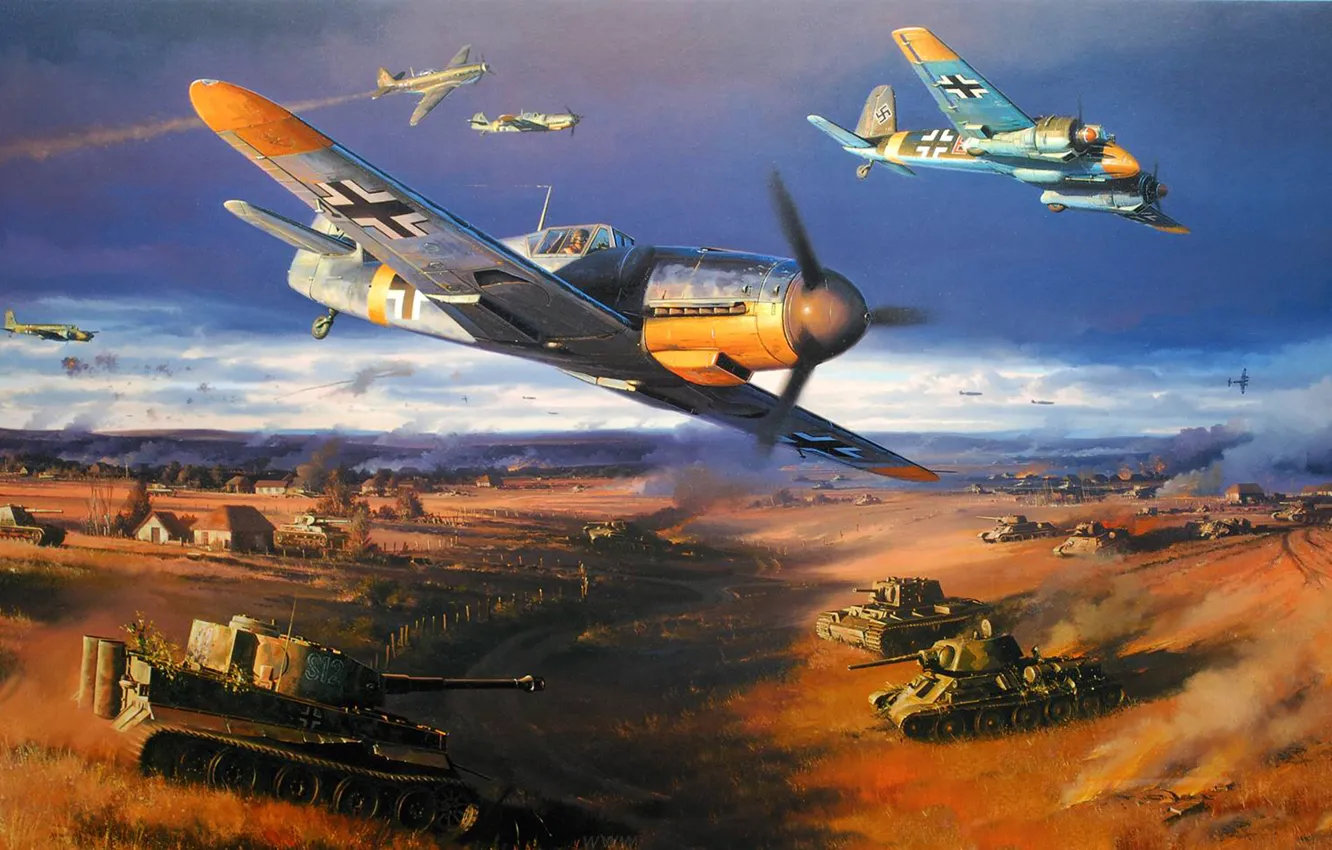 Photo wallpaper tiger, war, figure, art, fighters, tank, USSR, aircraft