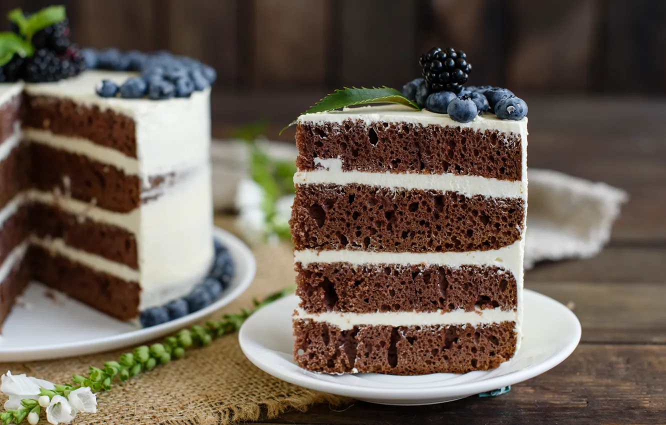 Photo wallpaper berries, blueberries, cake, cream, wood, BlackBerry, napkin, chocolate