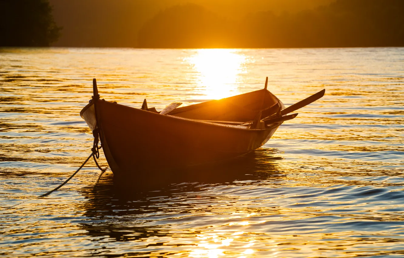 Photo wallpaper water, the sun, sunset, nature, glare, boat