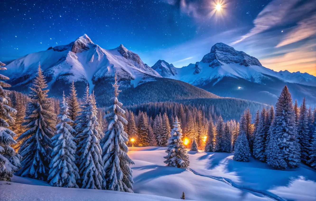 Photo wallpaper winter, frost, field, forest, clouds, light, snow, mountains