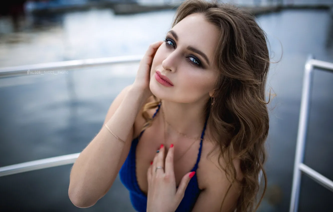 Photo wallpaper look, face, pose, river, background, model, portrait, hands