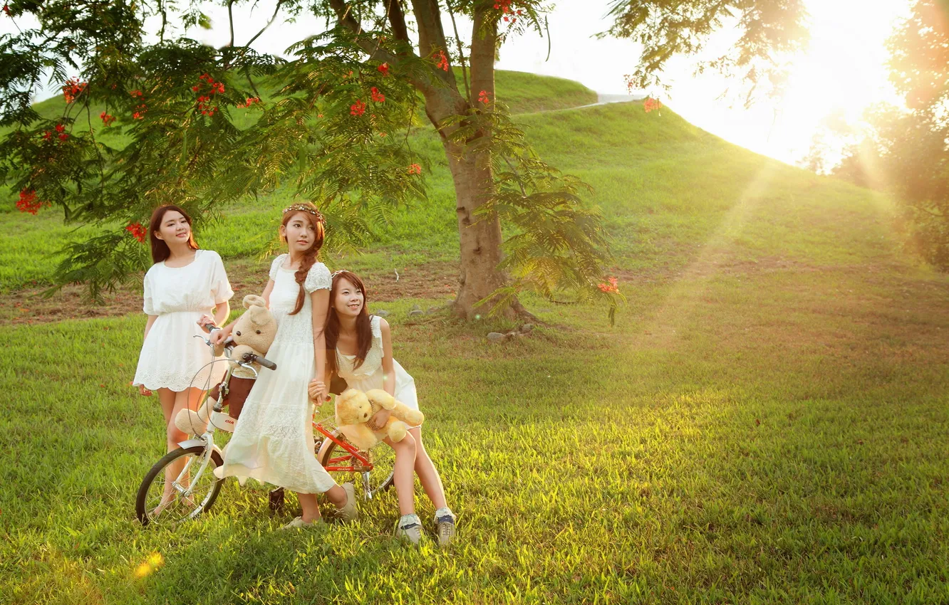 Photo wallpaper girl, light, bike, Asian