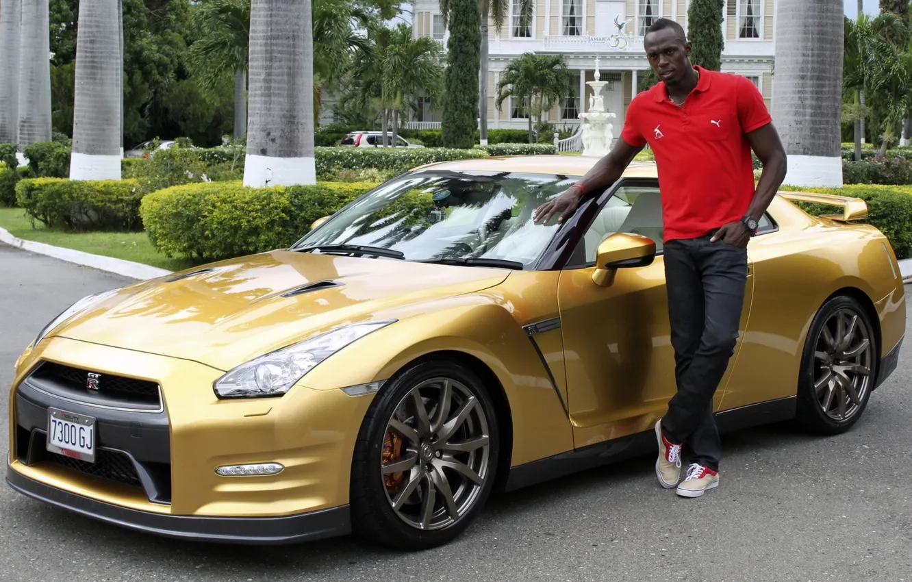 Photo wallpaper background, Nissan, GT-R, Nissan, the front, GT-R, Usain Bolt, Usain Bolt