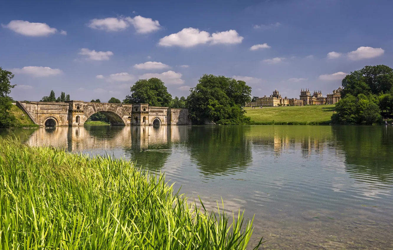 Photo wallpaper grass, clouds, trees, bridge, river, castle, arch, Sunny