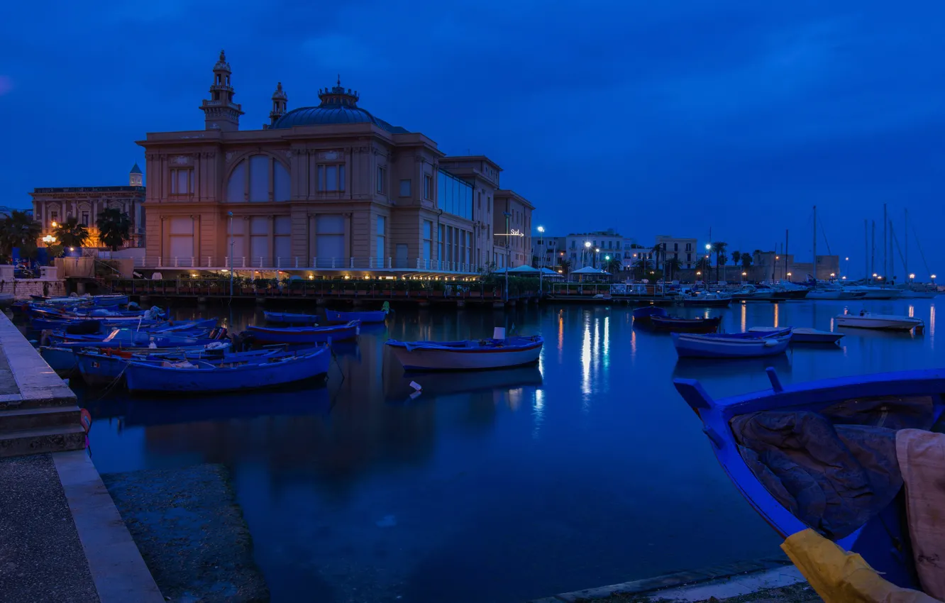 Photo wallpaper night, boats, pier, Italy, theatre, Margarita, Bari