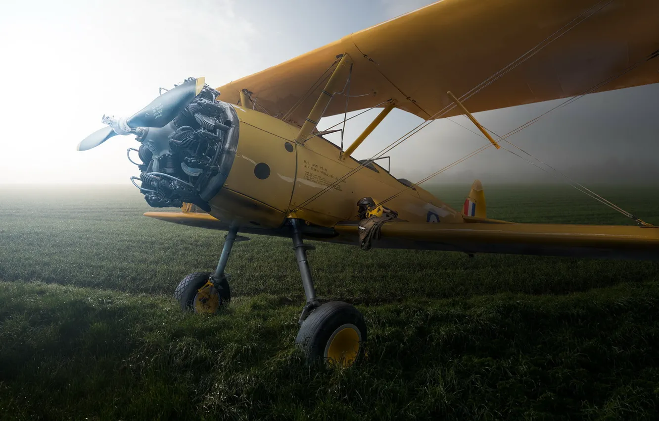 Photo wallpaper field, fog, the plane, Boeing Stearman PT-27 Kaydet