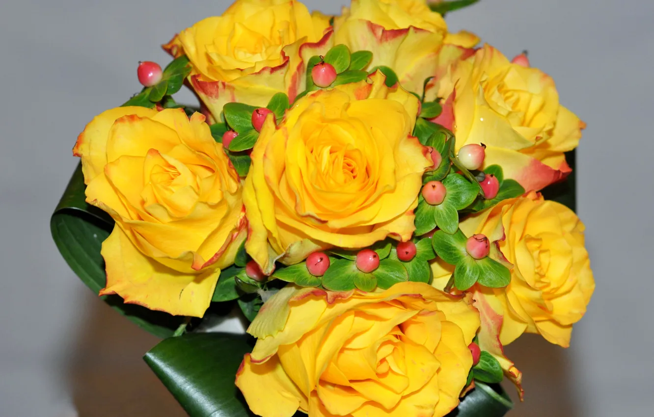 Photo wallpaper roses, bouquet, yellow, bouquet