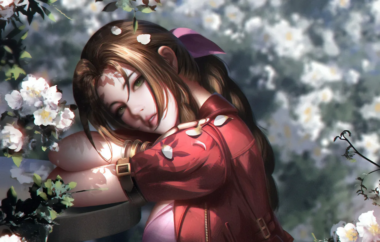 Photo wallpaper face, petals, red, Final Fantasy, red dress, Final Fantasy, flowering in the spring, light and …
