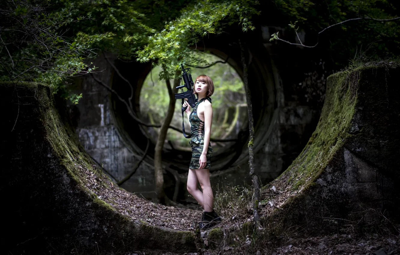 Photo wallpaper forest, girl, weapons, the ruins, Asian