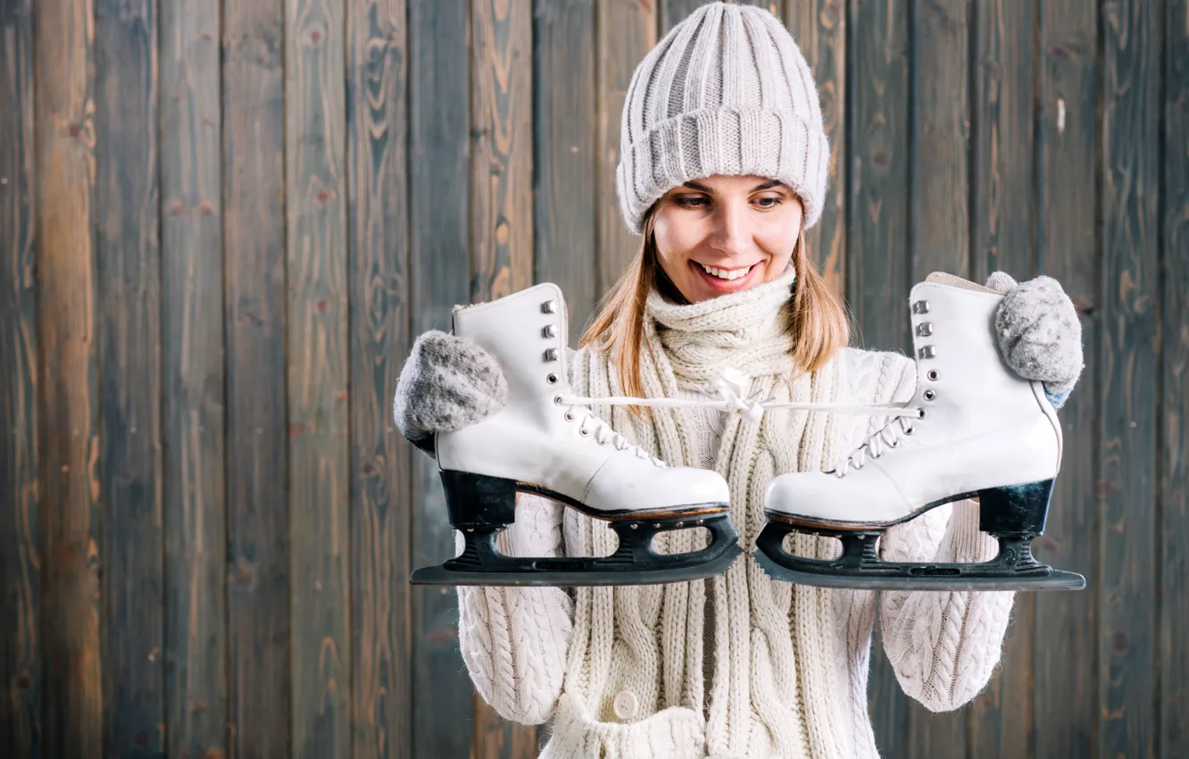 Photo wallpaper winter, girl, joy, pose, smile, background, mood, hat