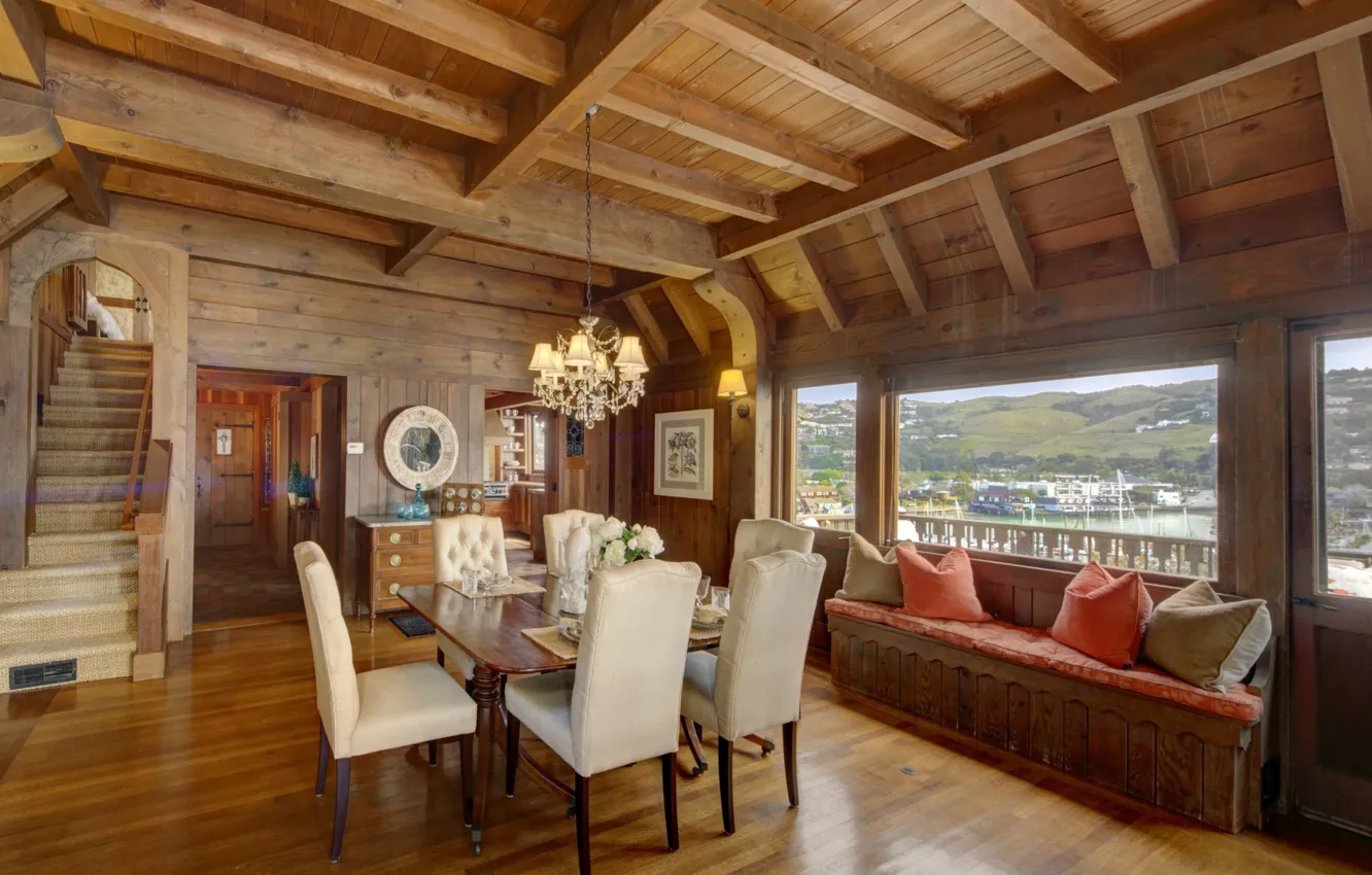 Photo wallpaper design, style, Villa, interior, ladder, UK, dining room, wooden house