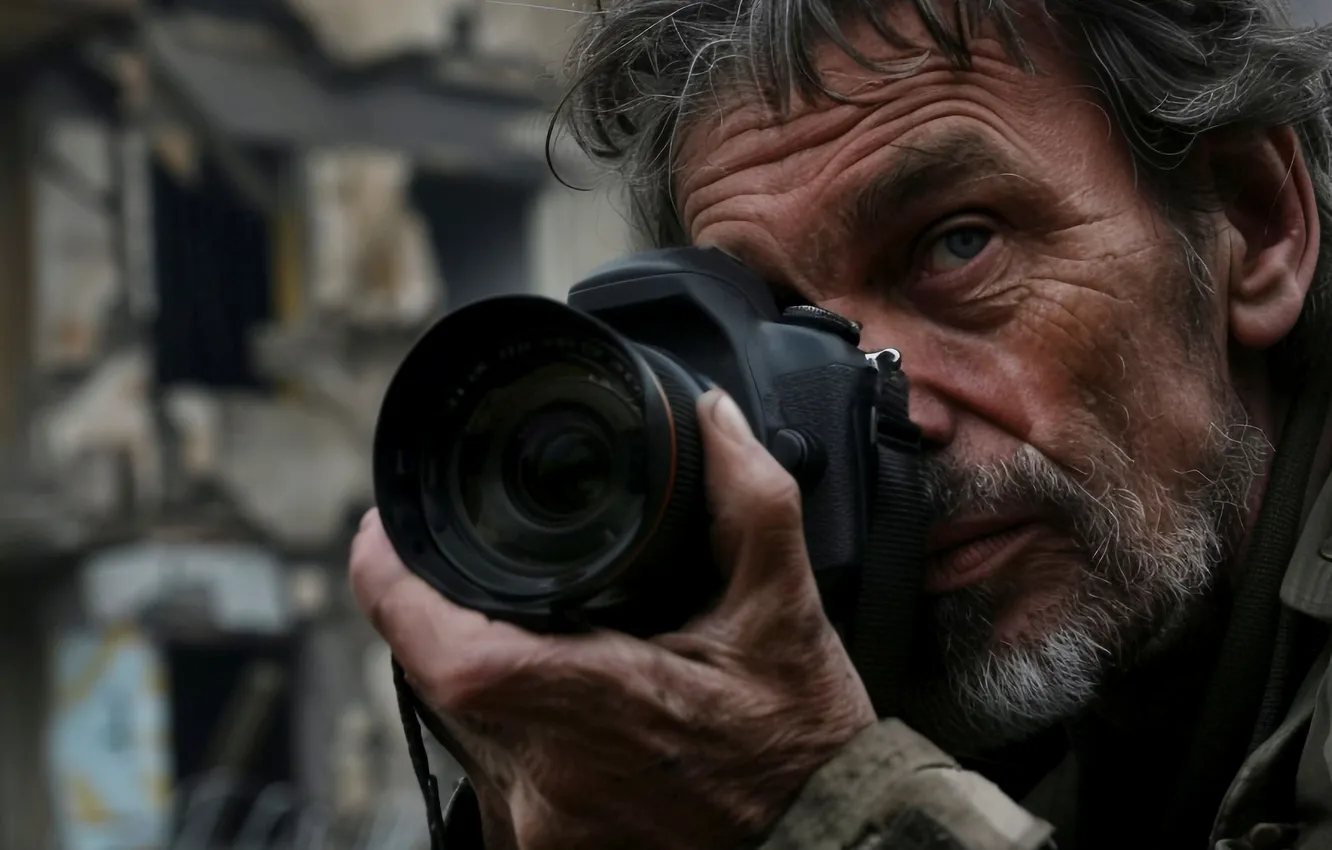 Photo wallpaper look, home, the camera, devastation, male, beard, digital art, AI art