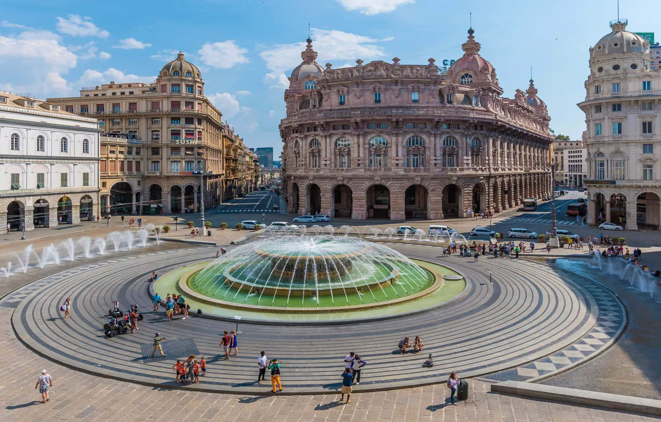 Photo wallpaper building, area, Italy, fountain, Genoa, Piazza De Ferrari