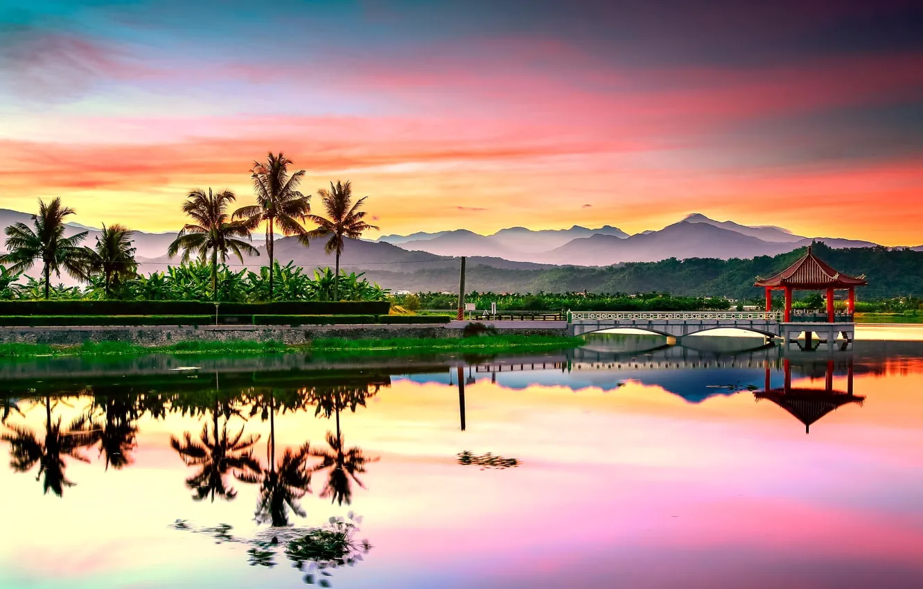 Photo wallpaper clouds, mountains, lake, dawn, jungle, China, gazebo