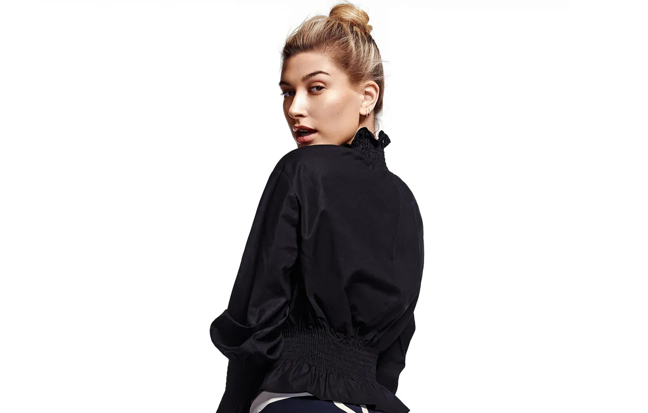 Photo wallpaper look, girl, back, jacket, Hailey Baldwin
