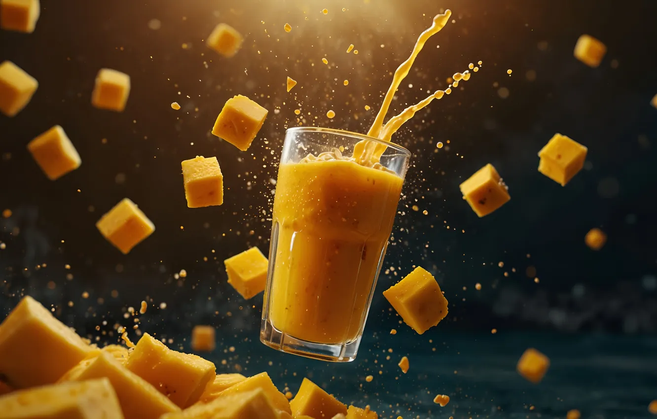 Photo wallpaper squirt, glass, cubes, juice, mango, AI art, neural network