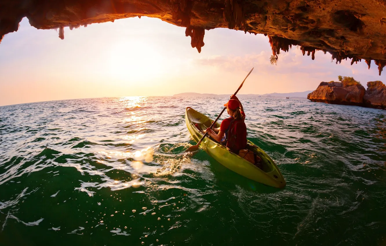 Photo wallpaper sea, water, caves, kayaking