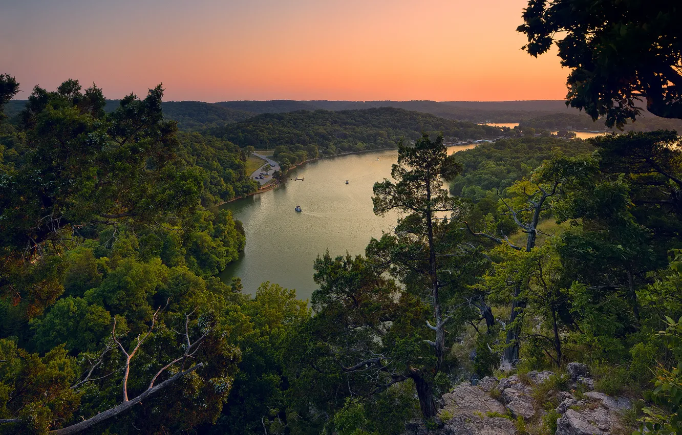 Photo wallpaper forest, trees, sunset, nature, lake, panorama, Lake of the Ozarks