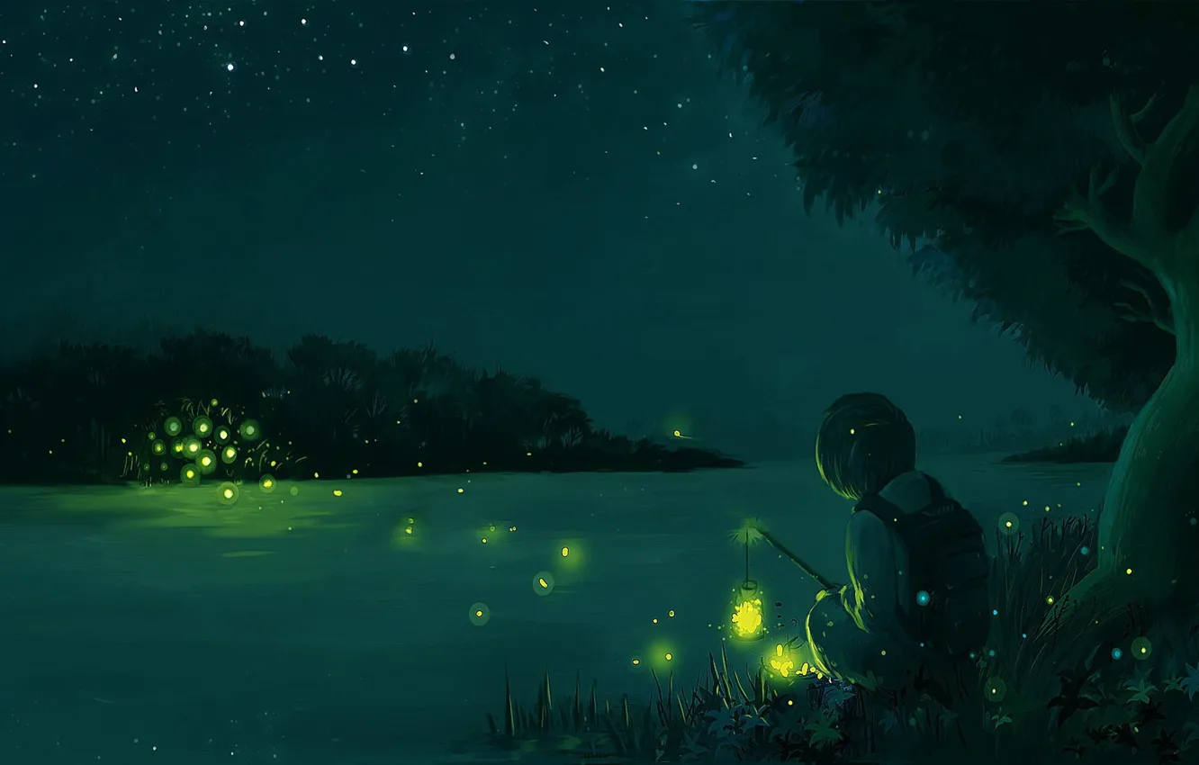 Photo wallpaper stars, trees, night, river, fireflies, shore, back, boy