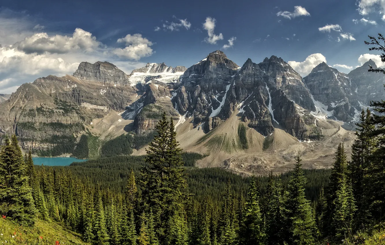 Photo wallpaper forest, mountains, lake, panorama, Banff National Park, Alberta, Canada, Moraine Lake