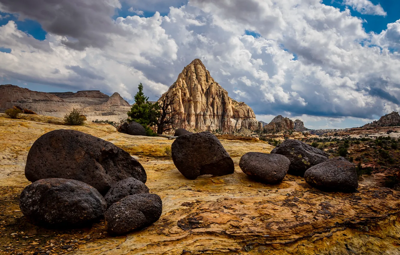 Photo wallpaper the sky, clouds, mountains, stones, pyramid