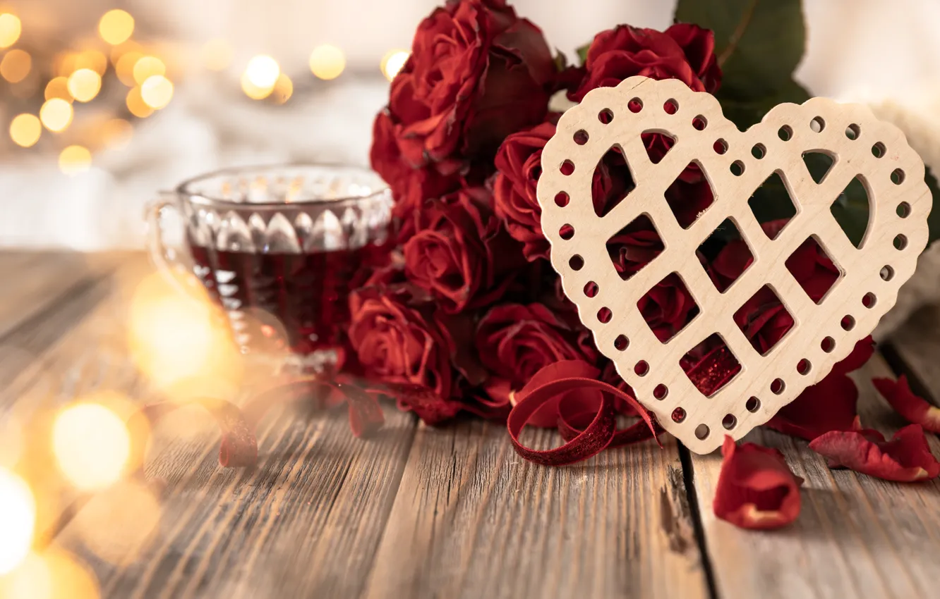 Photo wallpaper love, flowers, red, heart, roses, bouquet, hearts, Valentine's day