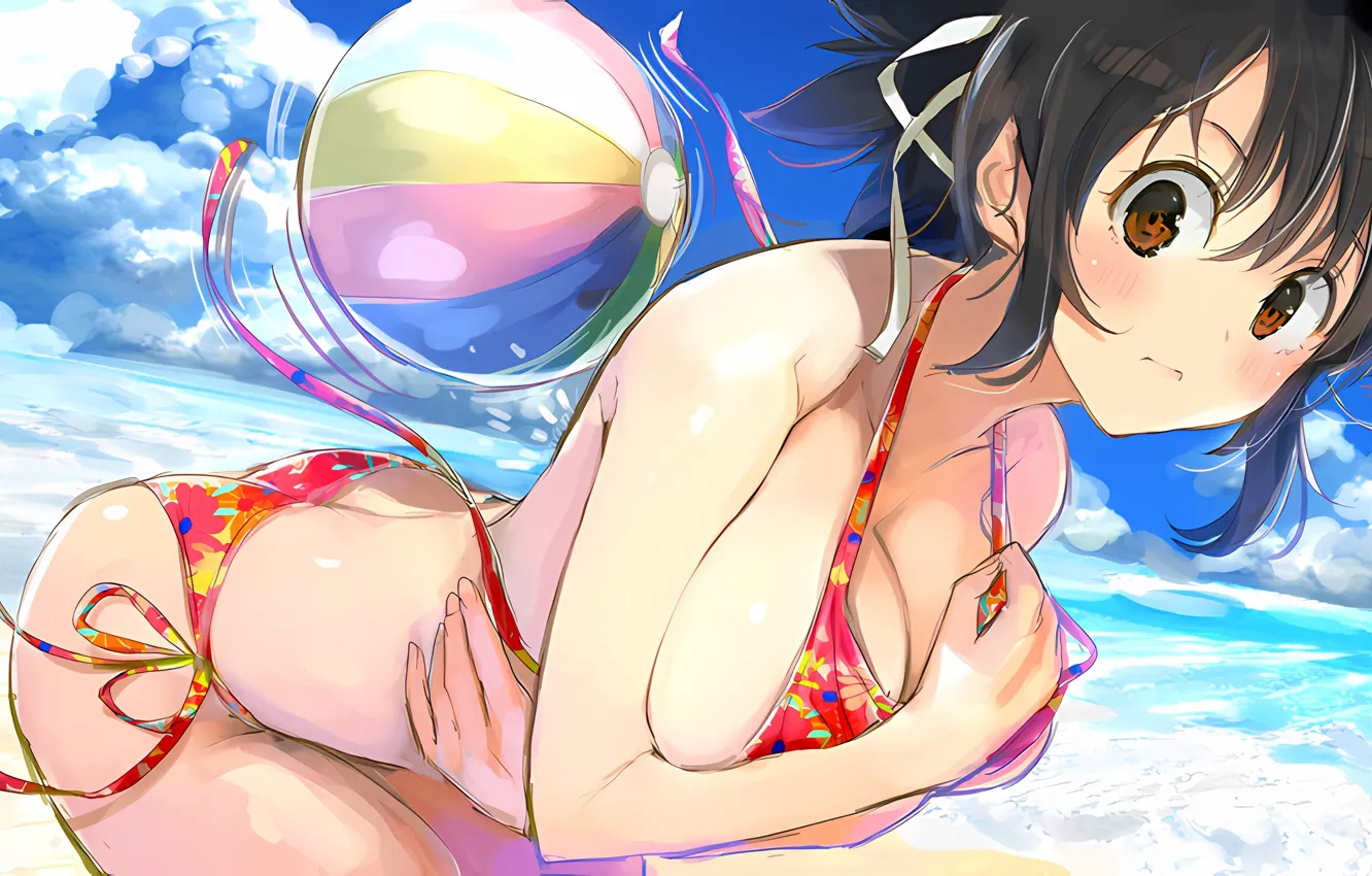 Photo wallpaper girl, sexy, cleavage, beach, sky, sea, boobs, anime