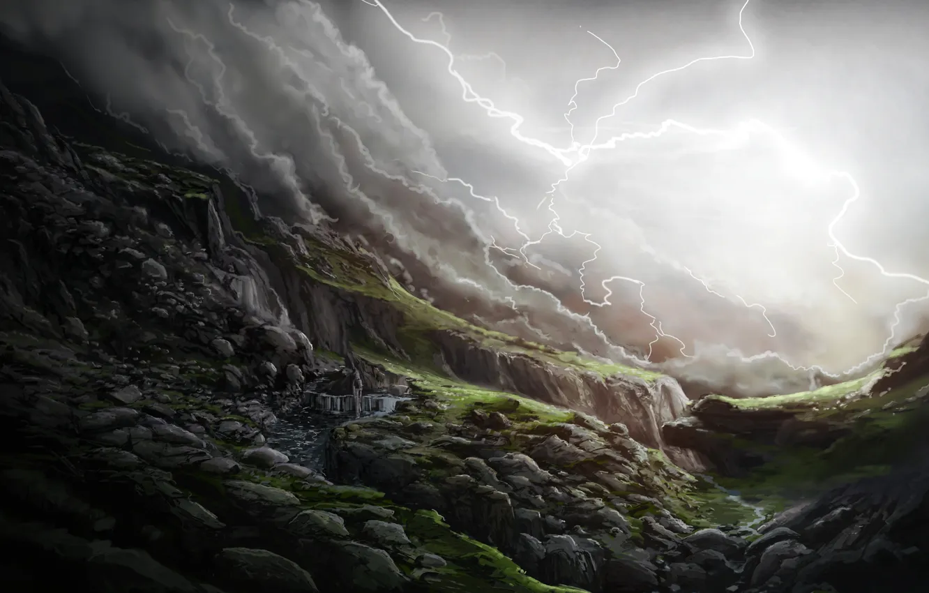 Photo wallpaper stones, lightning, slope, art, valley