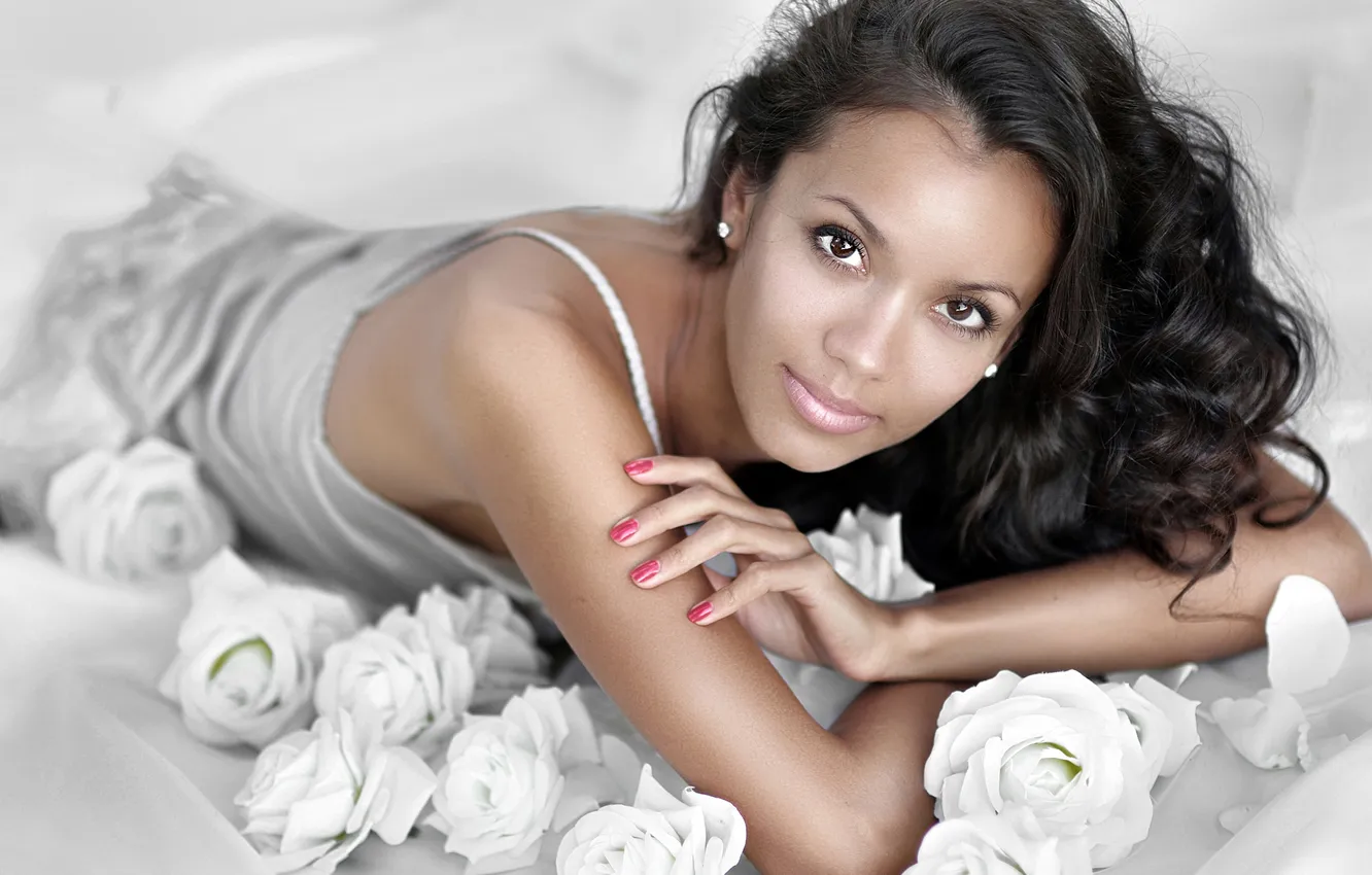 Photo wallpaper look, girl, flowers, pose, roses, girl, eyes, flowers